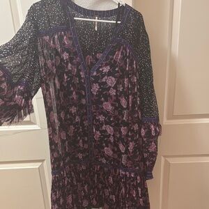 Free People Black and Purple Ruffled V-Neck Sundress